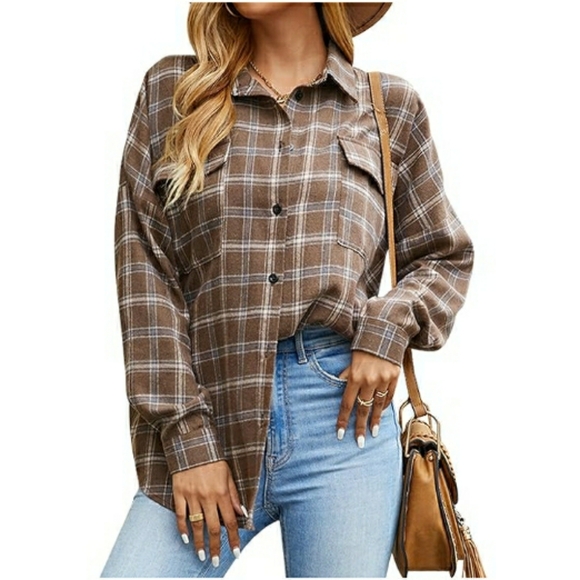Blooming J Tops - Button Down Flannel Plaid Shacket Long Sleeve Collared shirt Khaki